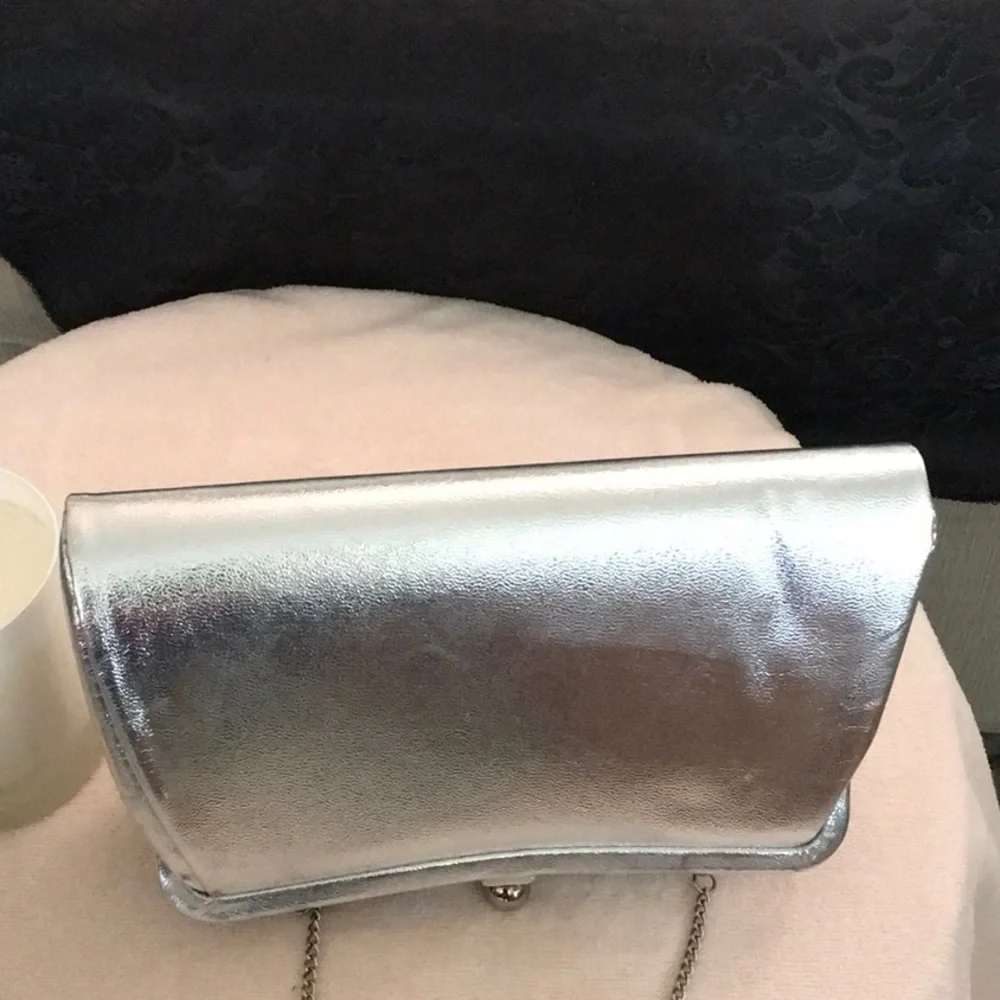 Metallic Silver Evening Clutch with Chain Strap